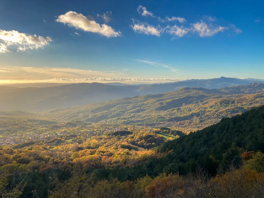 Evening light over the wooded hills and valley around Cornacchino in autumn
